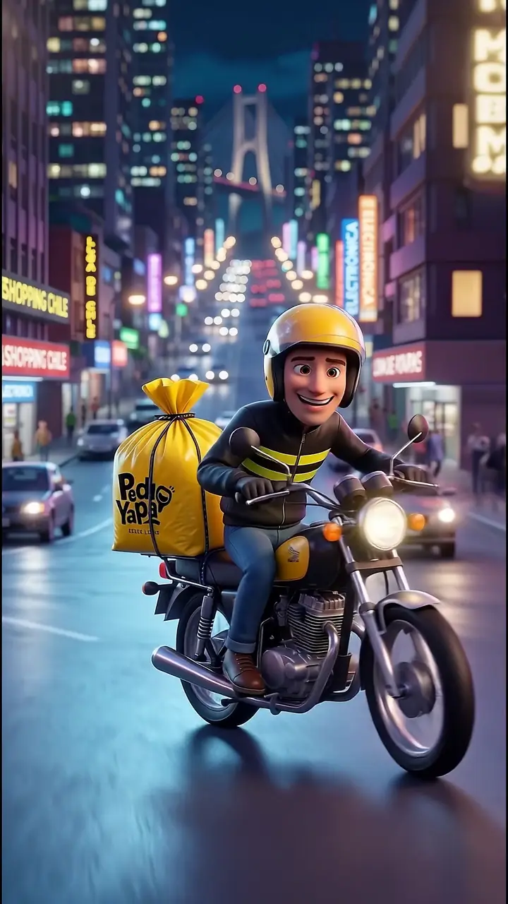 El repartidor en moto, con la bolsa de Pedi Yapa atrás