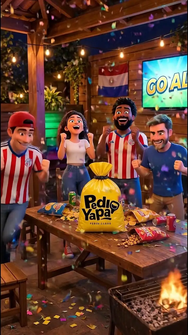 Amigos festejando un gol con la bolsa de Pedi Yapa sobre la mesa